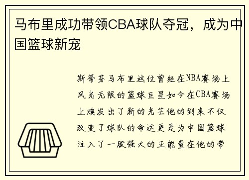 马布里成功带领CBA球队夺冠，成为中国篮球新宠